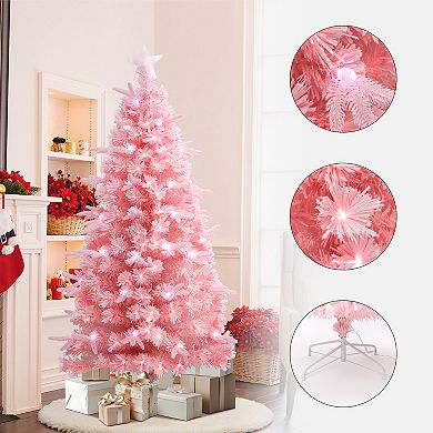 LuxenHome 6Ft Pink Cherry Blossom Christmas Tree with Fiber Optic Lights & Pinecone Star Topper