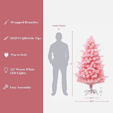 LuxenHome 6Ft Pink Cherry Blossom Christmas Tree with Fiber Optic Lights & Pinecone Star Topper