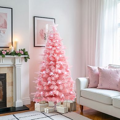 LuxenHome 6Ft Pink Cherry Blossom Christmas Tree with Fiber Optic Lights & Pinecone Star Topper
