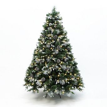 LuxenHome 7Ft Pre-Lit Green & White Pine Christmas Tree with Pinecones & Metal Stand, Holiday Decor