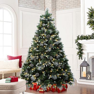 LuxenHome 7Ft Pre-Lit Green & White Pine Christmas Tree with Pinecones & Metal Stand, Holiday Decor