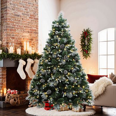 LuxenHome 7Ft Pre-Lit Green & White Pine Christmas Tree with Pinecones & Metal Stand, Holiday Decor