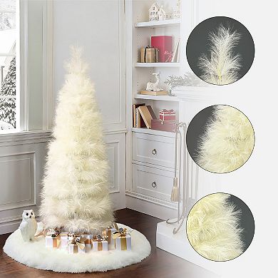 LuxenHome 5Ft Holiday Slim Artificial Pampas Grass Tree in Natural Ivory