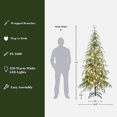 LuxenHome 7.5Ft Pre-Lit Slim Artificial Cedar Christmas Tree with Metal Stand