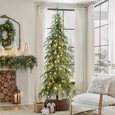 LuxenHome 7.5Ft Pre-Lit Slim Artificial Cedar Christmas Tree with Metal Stand