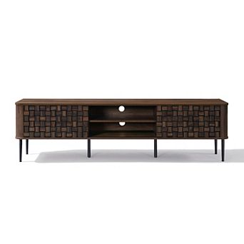 LuxenHome Dark Oak with Basket Weave Design Manufactured Wood 2-Sliding Door TV Console Cabinet