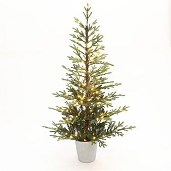 LuxenHome 5.5Ft Pre-Lit Artificial Fir Christmas Tree, Realistic Green Branches & Decorative Planter