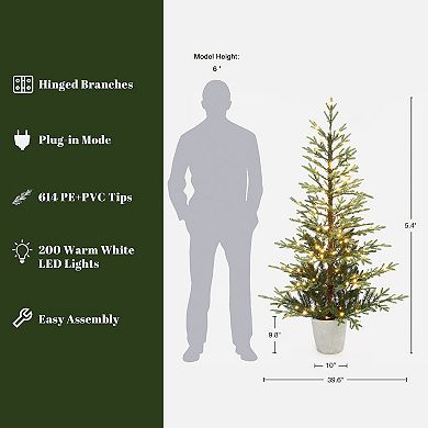 LuxenHome 5.5Ft Pre-Lit Artificial Fir Christmas Tree, Realistic Green Branches & Decorative Planter