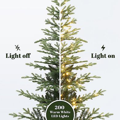 LuxenHome 5.5Ft Pre-Lit Artificial Fir Christmas Tree, Realistic Green Branches & Decorative Planter