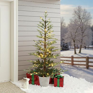 LuxenHome 5.5Ft Pre-Lit Artificial Fir Christmas Tree, Realistic Green Branches & Decorative Planter