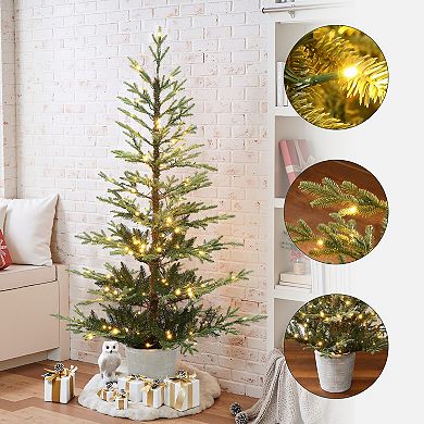 LuxenHome 5.5Ft Pre-Lit Artificial Fir Christmas Tree, Realistic Green Branches & Decorative Planter