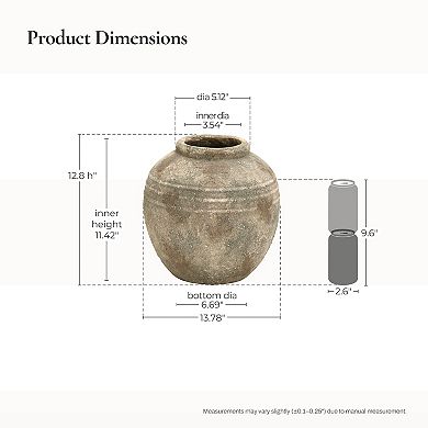 LuxenHome Weathered Terracotta Finish with Textured Ridges 13.8" Round Vase, Farmhouse Decor