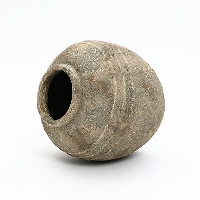 LuxenHome Weathered Terracotta Finish with Textured Ridges 13.8" Round Vase, Farmhouse Decor