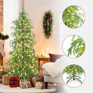 LuxenHome 6Ft Pre-Lit Green Slender Artificial Cedar Christmas Tree with Metal Stand