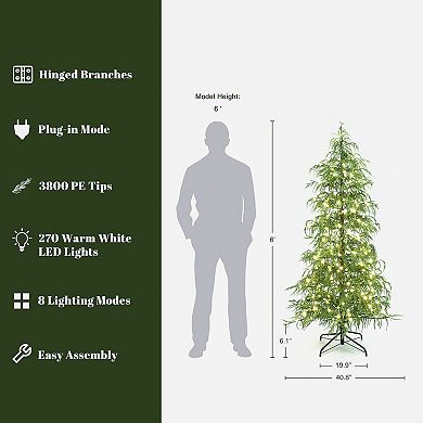 LuxenHome 6Ft Pre-Lit Green Slender Artificial Cedar Christmas Tree with Metal Stand