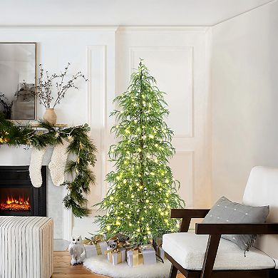 LuxenHome 6Ft Pre-Lit Green Slender Artificial Cedar Christmas Tree with Metal Stand