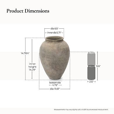 LuxenHome Rustic Ceramic Vase, 14.8" Tall Terracotta Pot with Earthy Gray-Brown Finish, Handcrafted