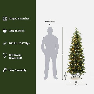 LuxenHome 6Ft Pre-Lit Green PE/PVC Branches Artificial Christmas Tree with Metal Stand
