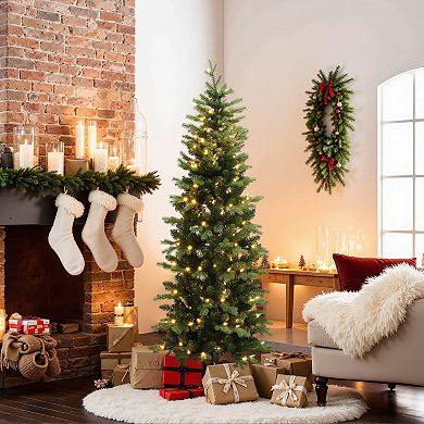 LuxenHome 6Ft Pre-Lit Green PE/PVC Branches Artificial Christmas Tree with Metal Stand