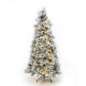 LuxenHome 6.5Ft Pre-Lit Snowy Branches Artificial Christmas Tree with Metal Stand
