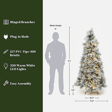 LuxenHome 6.5Ft Pre-Lit Snowy Branches Artificial Christmas Tree with Metal Stand