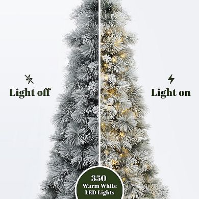 LuxenHome 6.5Ft Pre-Lit Snowy Branches Artificial Christmas Tree with Metal Stand