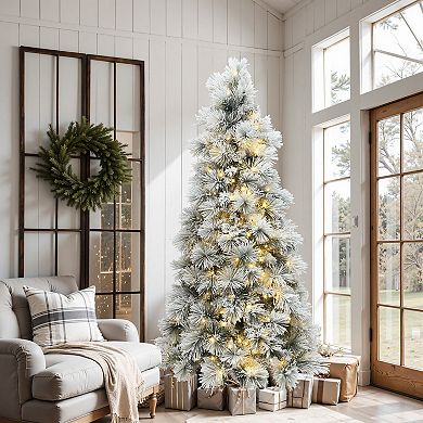 LuxenHome 6.5Ft Pre-Lit Snowy Branches Artificial Christmas Tree with Metal Stand