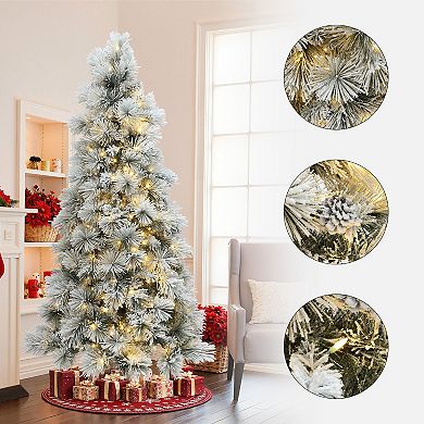 LuxenHome 6.5Ft Pre-Lit Snowy Branches Artificial Christmas Tree with Metal Stand