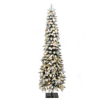 LuxenHome 7Ft Pre-Lit Flocked Pencil Artificial Christmas Tree with Metal Base