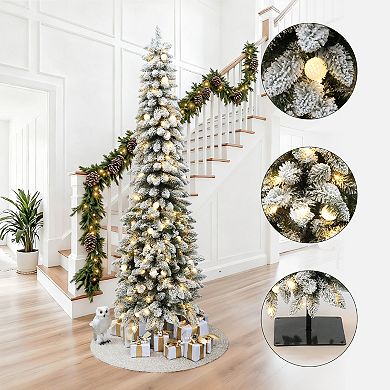 LuxenHome 7Ft Pre-Lit Flocked Pencil Artificial Christmas Tree with Metal Base