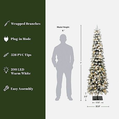 LuxenHome 7Ft Pre-Lit Flocked Pencil Artificial Christmas Tree with Metal Base