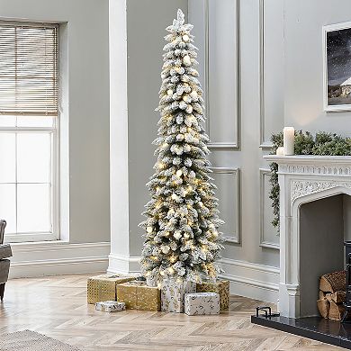 LuxenHome 7Ft Pre-Lit Flocked Pencil Artificial Christmas Tree with Metal Base