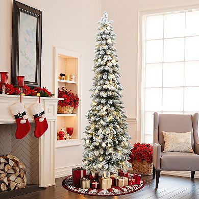 LuxenHome 7Ft Pre-Lit Flocked Pencil Artificial Christmas Tree with Metal Base