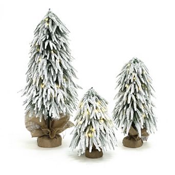 LuxenHome 3 pc Snowy Christmas Tree Set with Battery Lights & Burlap Base, Holiday Decor