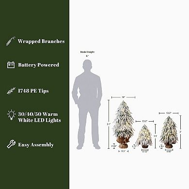 LuxenHome 3-Piece Snowy Christmas Tree Set with Battery Lights & Burlap Base, Holiday Decor
