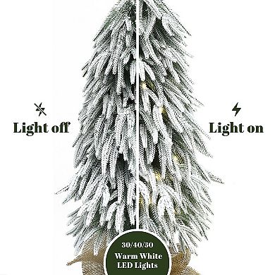 LuxenHome 3-Piece Snowy Christmas Tree Set with Battery Lights & Burlap Base, Holiday Decor