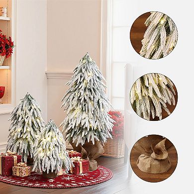 LuxenHome 3-Piece Snowy Christmas Tree Set with Battery Lights & Burlap Base, Holiday Decor