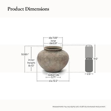 LuxenHome Rustic Ceramic Vase, 12.2" Wide Terracotta Pot with Earthy Gray-Brown Finish, Handcrafted