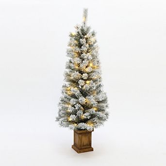 LuxenHome Artificial 5Ft Pre-Lit Flocked Fir Christmas Tree in Square Planter, Indoor Holiday Accent