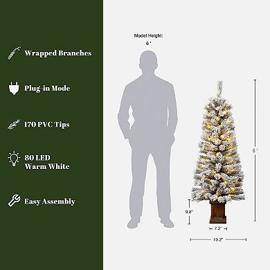 LuxenHome Artificial 5Ft Pre-Lit Flocked Fir Christmas Tree in Square Planter, Indoor Holiday Accent