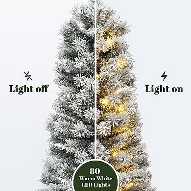 LuxenHome Artificial 5Ft Pre-Lit Flocked Fir Christmas Tree in Square Planter, Indoor Holiday Accent