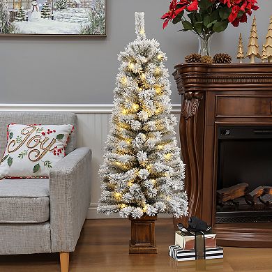 LuxenHome Artificial 5Ft Pre-Lit Flocked Fir Christmas Tree in Square Planter, Indoor Holiday Accent