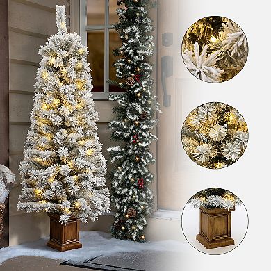 LuxenHome Artificial 5Ft Pre-Lit Flocked Fir Christmas Tree in Square Planter, Indoor Holiday Accent