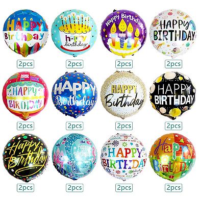 Birthday Foil Balloon Pack 24pcs Balloons in Mixed Designs for Party Decor
