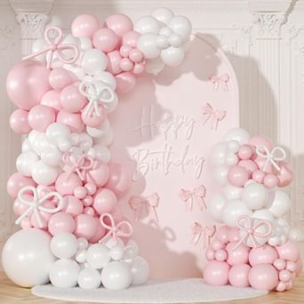 Coquette Birthday Decor Kit Pink Bow Balloon 146 pc Arch with Pink & White Garland for Parties