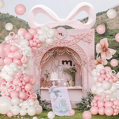Coquette Birthday Decor Kit Pink Bow Balloon 146pcs Arch with Pink & White Garland for Parties