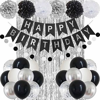 Black & Silver Happy Birthday Party Decorations with Banner, Balloons for Milestone Birthdays