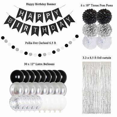 Black & Silver Happy Birthday Party Decorations with Banner, Balloons for Milestone Birthdays