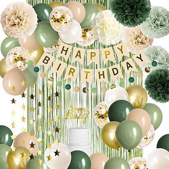 Green Birthday Set Balloons, LED Lights, Curtains with Butterfly Accents for Party Decorations