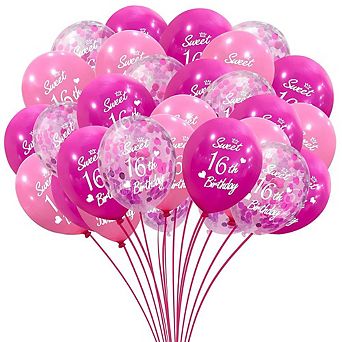 Sweet 16 Balloons Pink & Hot Pink With Confetti & "16" Prints 30-Pack For Birthday Party Decor